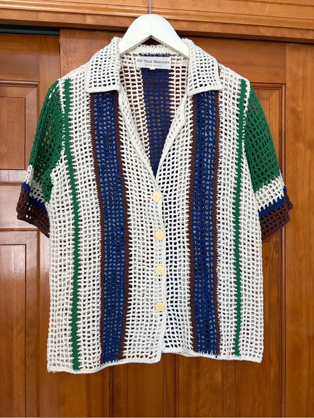 All‎ That Remains Crochet Button Down Shirt Stripe Short Sleeve Coverup Size 6